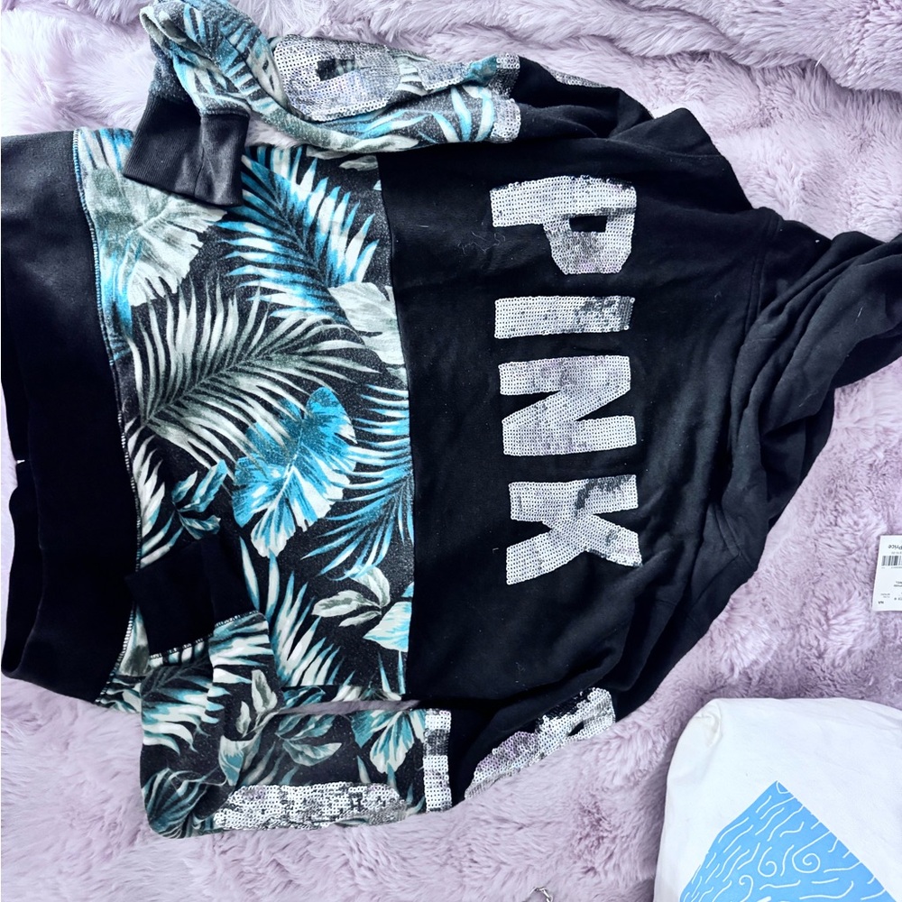 Victoria's Secret Black Hoodie with Blue and Green Leaf Design